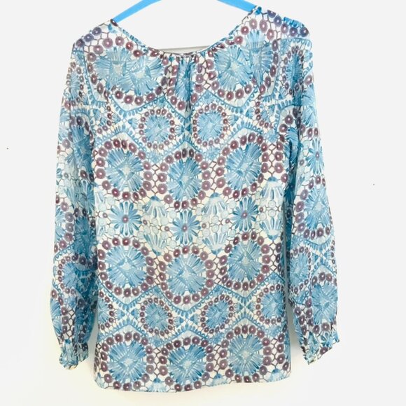 VTG Tory Burch blouse women size 0/S blue/brown long sleeves Boho hippie floral - Picture 9 of 9